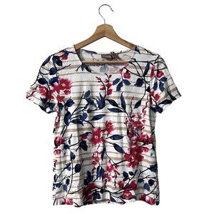 Chicos Anisa Knit Tee Size 0 Small Floral Pink Blue Striped Top 570230122